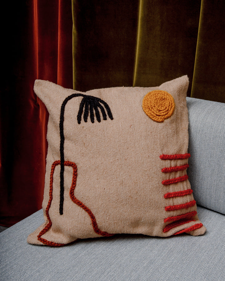 Handcrafted cushion cover from Morocco. Soft Wool cushion with modern, embroidered design.