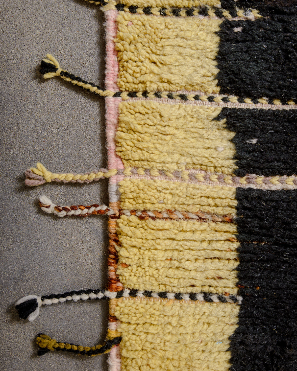Modern, designer, handcrafted Berber rug from Morocco. Beniourain carpet with beautiful colours and patterns and fluffy wool texture.