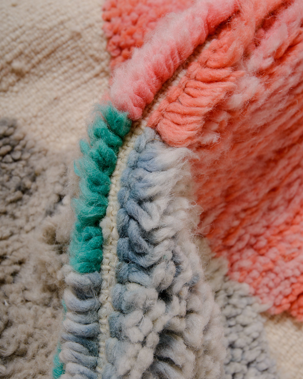 Modern, designer, handcrafted Berber rug from Morocco. Beniourain carpet with beautiful colours and patterns and fluffy wool texture.