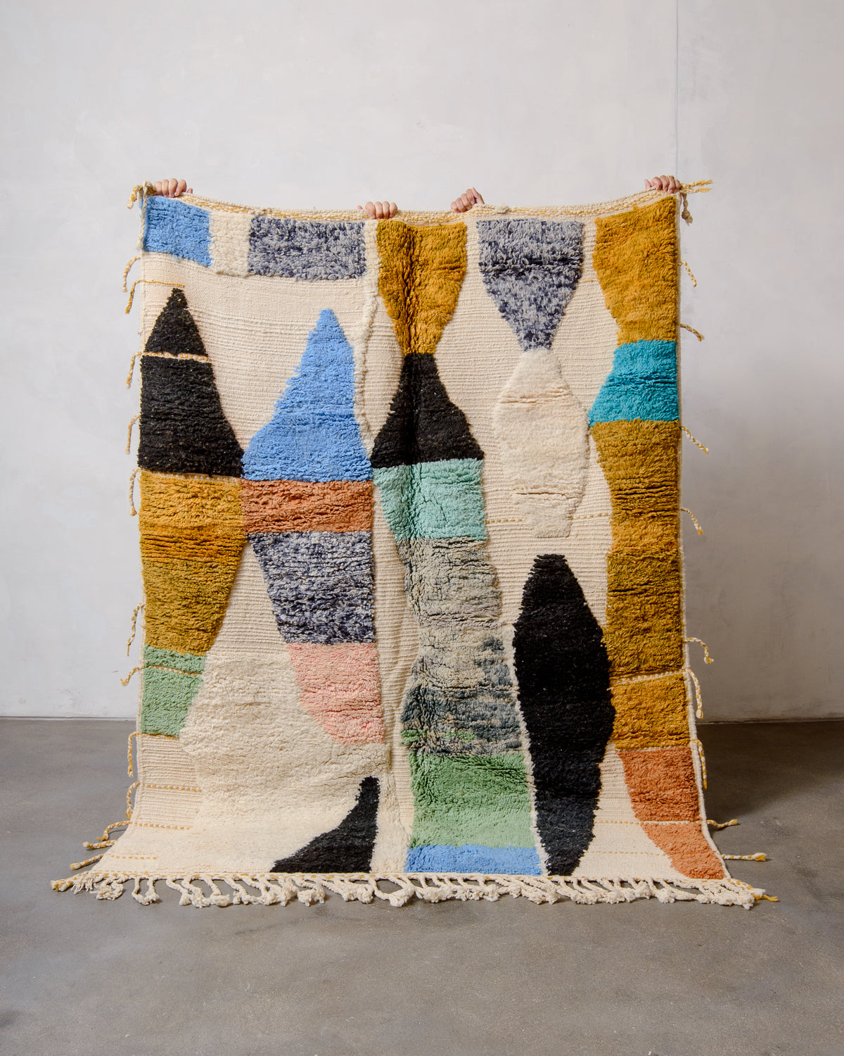 Modern, designer, handcrafted Berber rug from Morocco. Beniourain carpet with beautiful colours and patterns and fluffy wool texture.