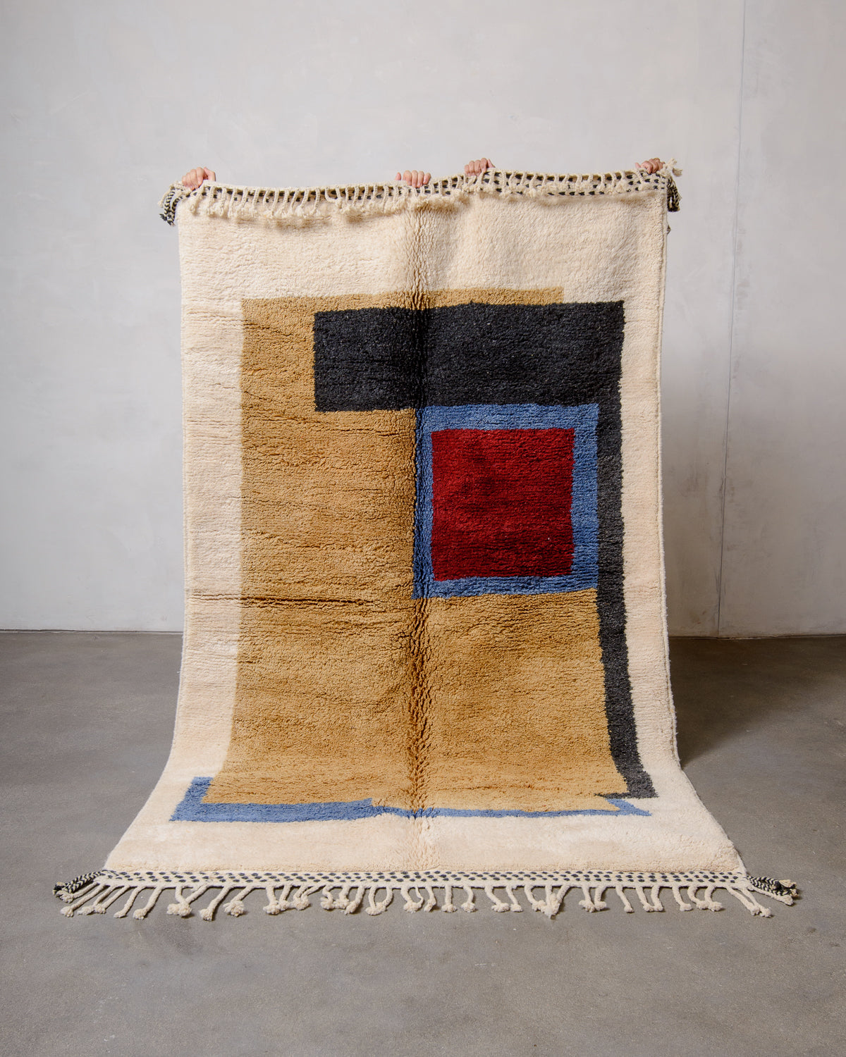 Modern, designer, handcrafted Berber rug from Morocco. Beniourain carpet with beautiful colours and patterns and fluffy wool texture. 