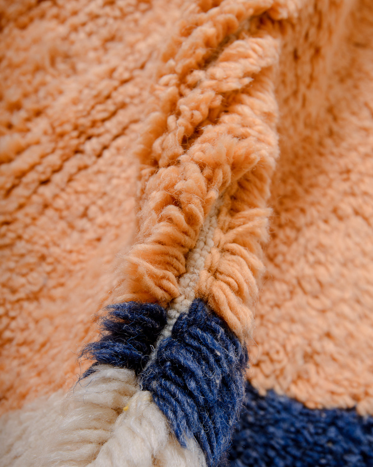 Modern, designer, handcrafted Berber rug from Morocco. Beniourain carpet with beautiful colours and patterns and fluffy wool texture.