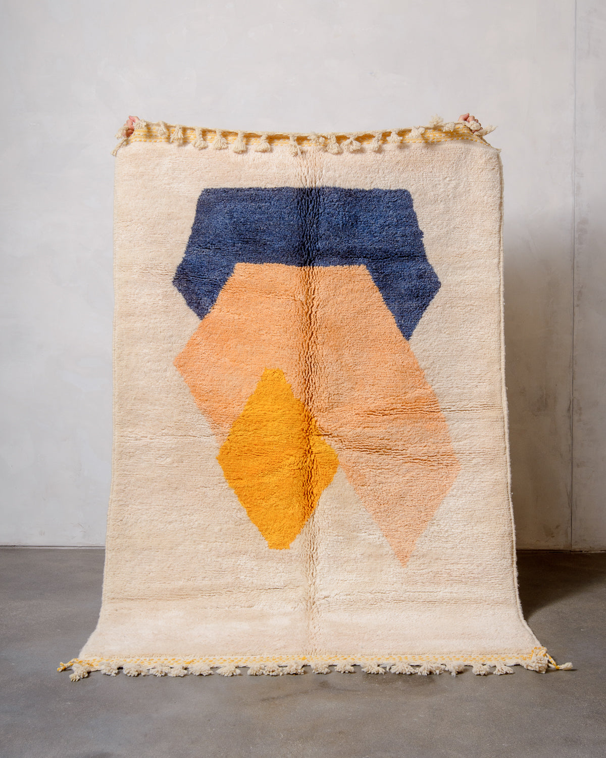 Modern, designer, handcrafted Berber rug from Morocco. Beniourain carpet with beautiful colours and patterns and fluffy wool texture.