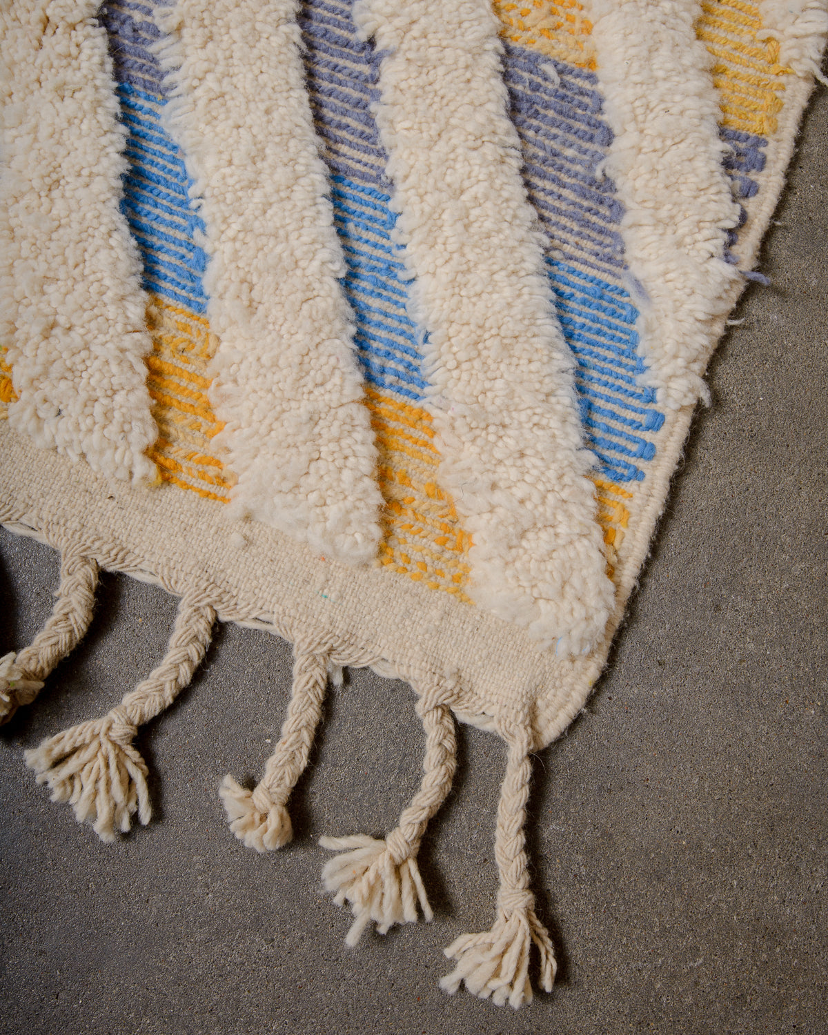 Modern, designer, handcrafted Berber rug from Morocco. Beniourain carpet with beautiful colours and patterns and fluffy wool texture.