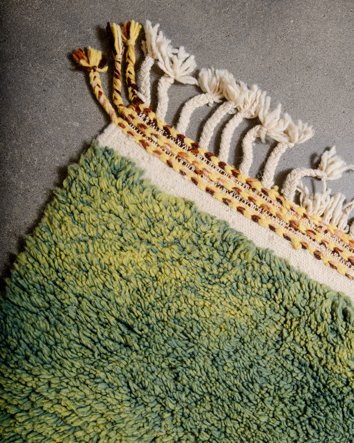 Modern, designer, handcrafted Berber rug from Morocco. Beniourain carpet with beautiful colours and patterns and fluffy wool texture.