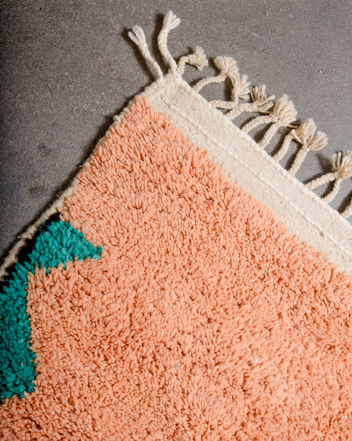 Modern, designer, handcrafted Berber rug from Morocco. Beniourain carpet with beautiful colours and patterns and fluffy wool texture.