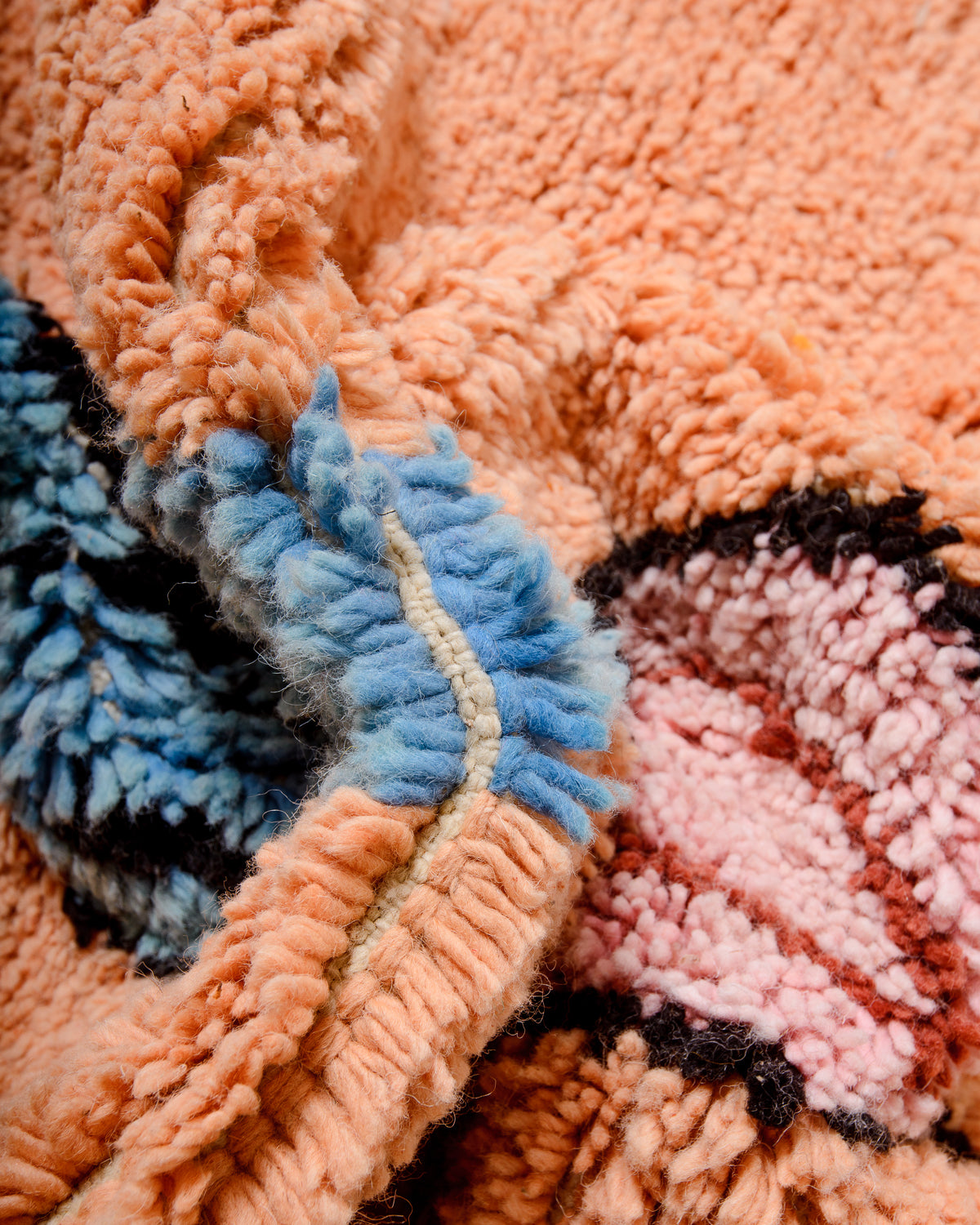 Modern, designer, handcrafted Berber rug from Morocco. Beniourain carpet with beautiful colours and patterns and fluffy wool texture.