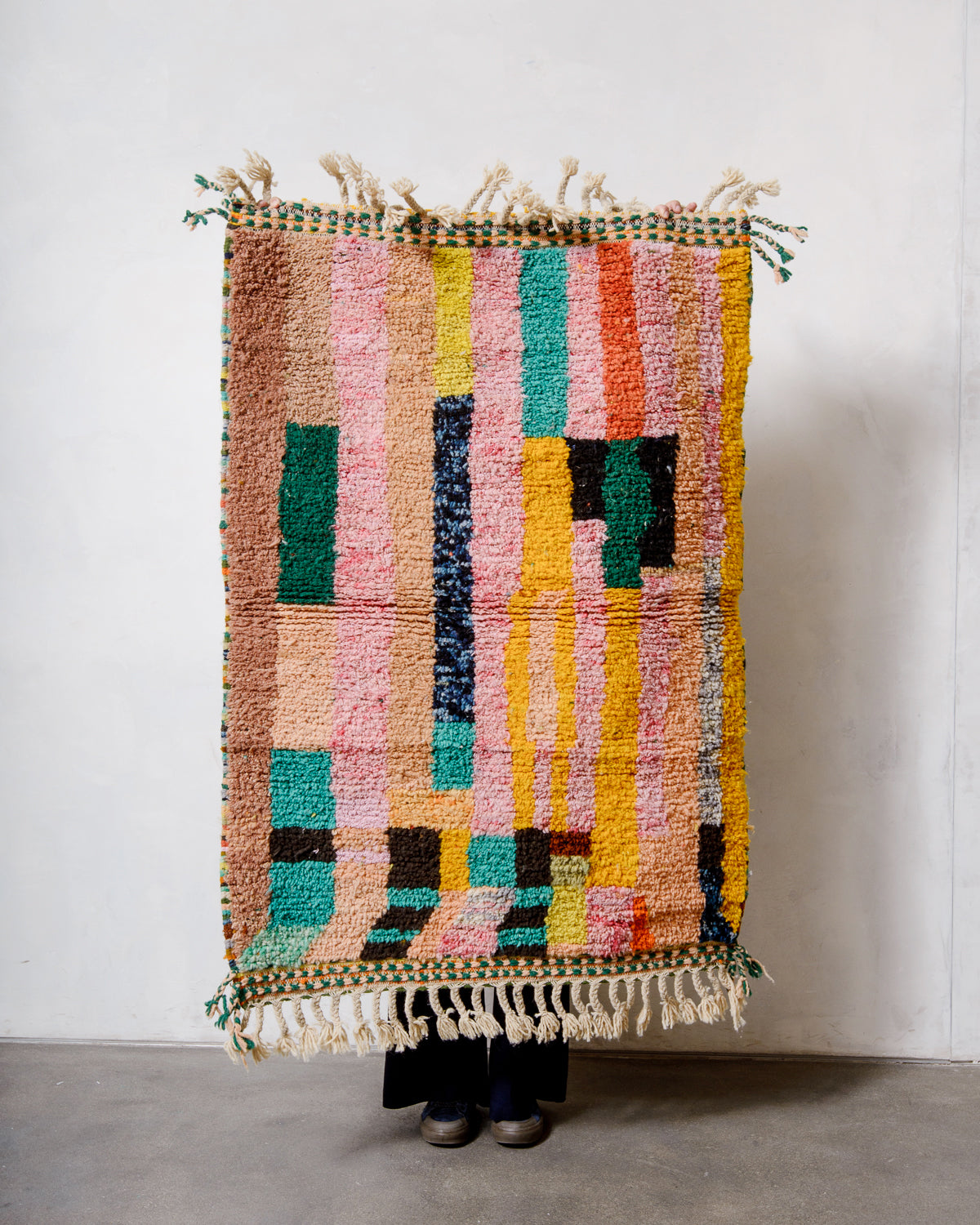 Modern, designer, handcrafted Berber rug from Morocco. Beniourain carpet with beautiful colours and patterns and fluffy wool texture.