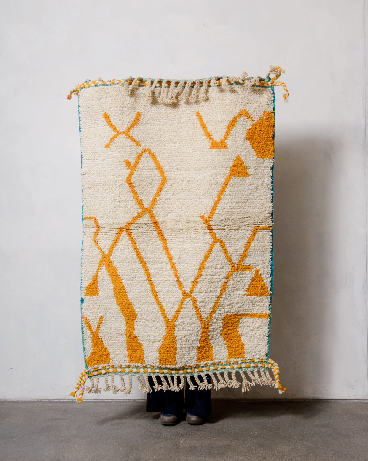 Modern, designer, handcrafted Berber rug from Morocco. Beniourain carpet with beautiful colours and patterns and fluffy wool texture.