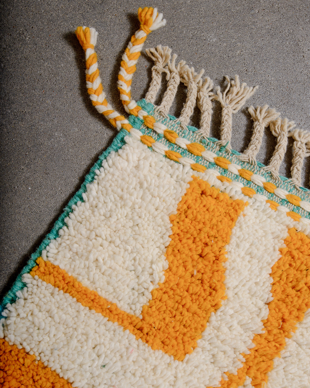 Modern, designer, handcrafted Berber rug from Morocco. Beniourain carpet with beautiful colours and patterns and fluffy wool texture.