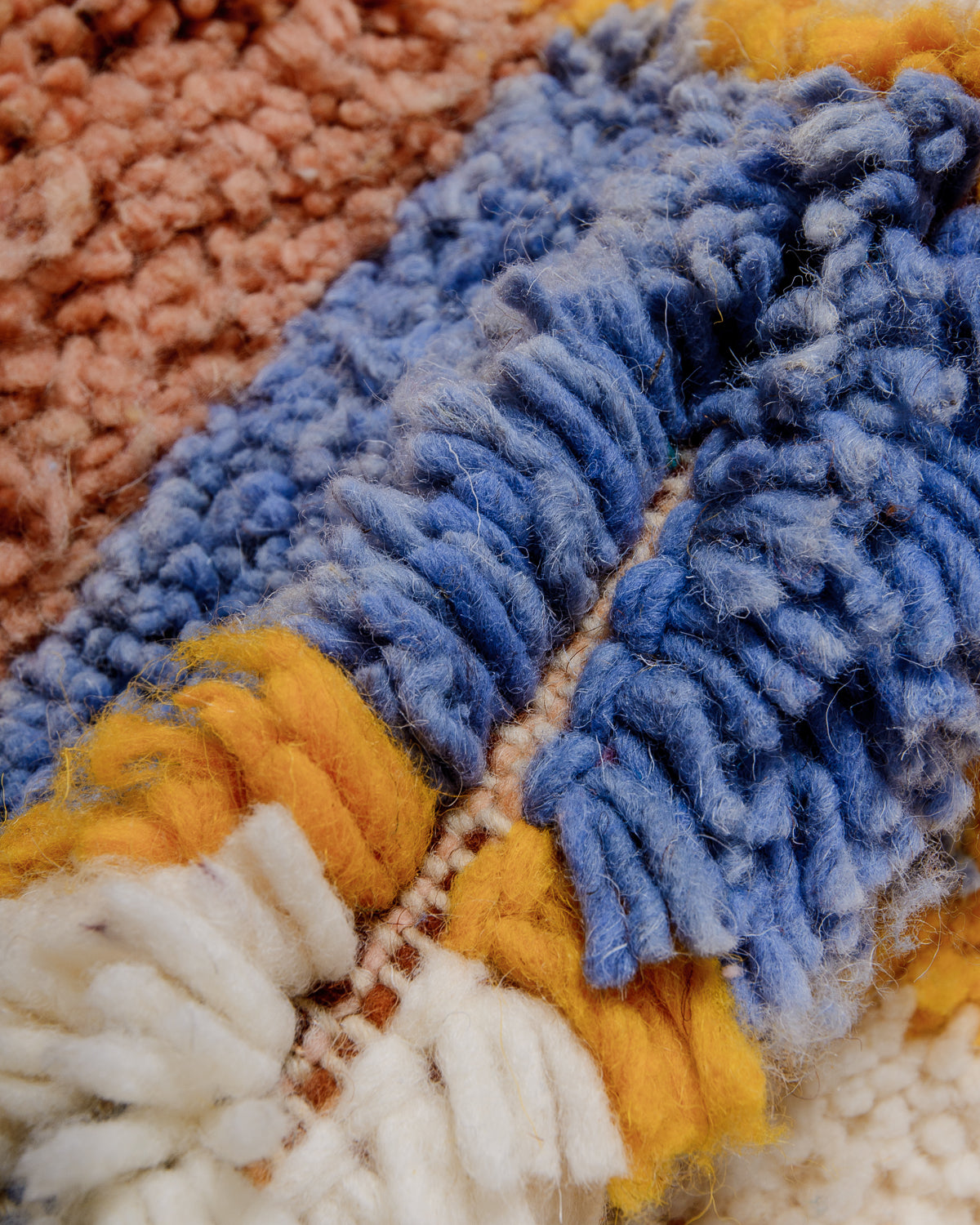 Modern, designer, handcrafted Berber rug from Morocco. Beniourain carpet with beautiful colours and patterns and fluffy wool texture. 