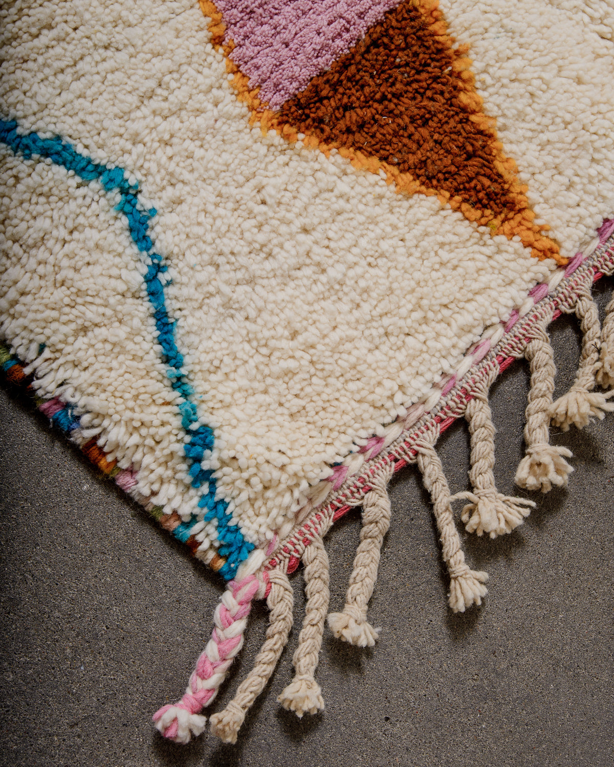 Modern, designer, handcrafted Berber rug from Morocco. Beniourain carpet with beautiful colours and patterns and fluffy wool texture. 