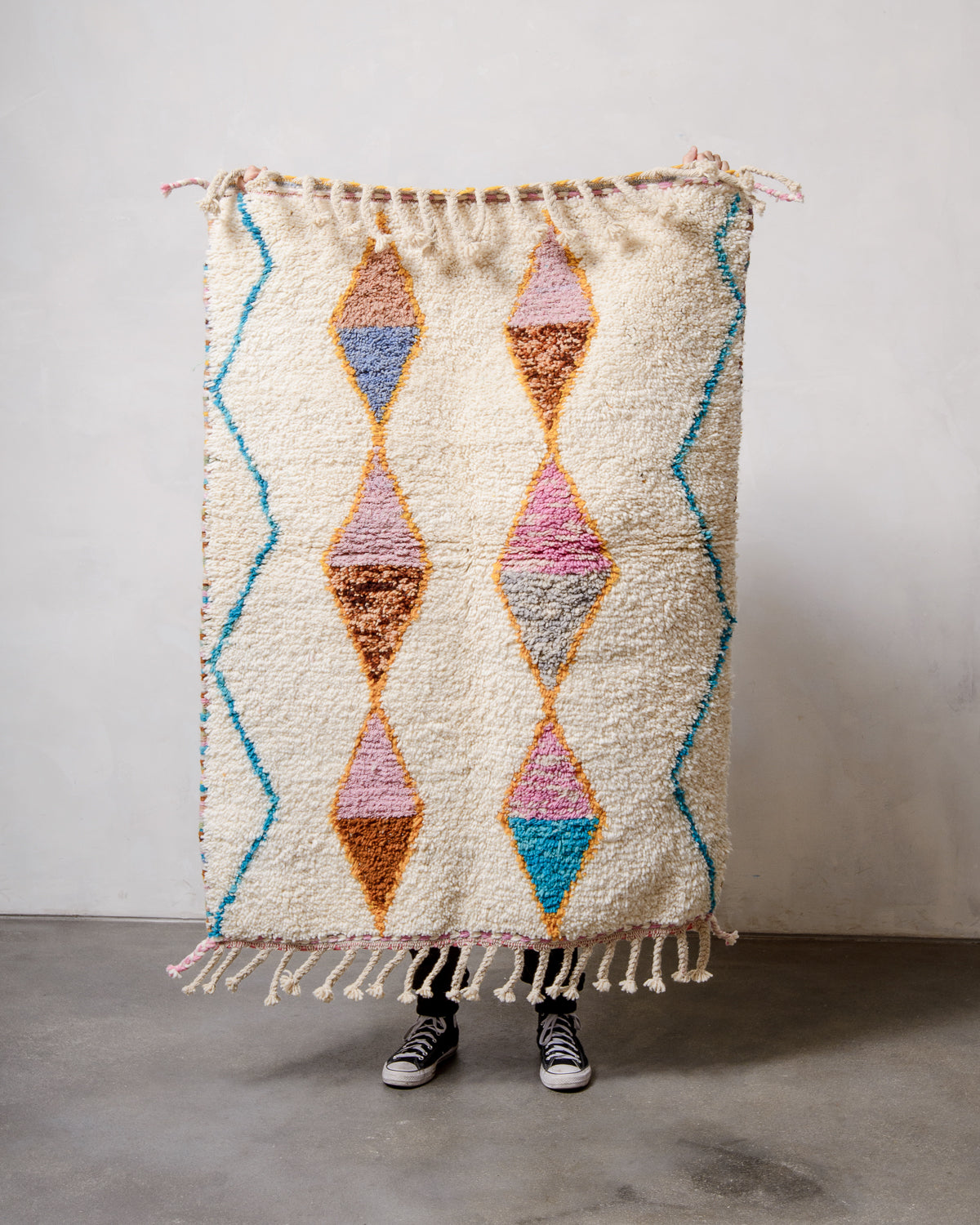 Modern, designer, handcrafted Berber rug from Morocco. Beniourain carpet with beautiful colours and patterns and fluffy wool texture. 