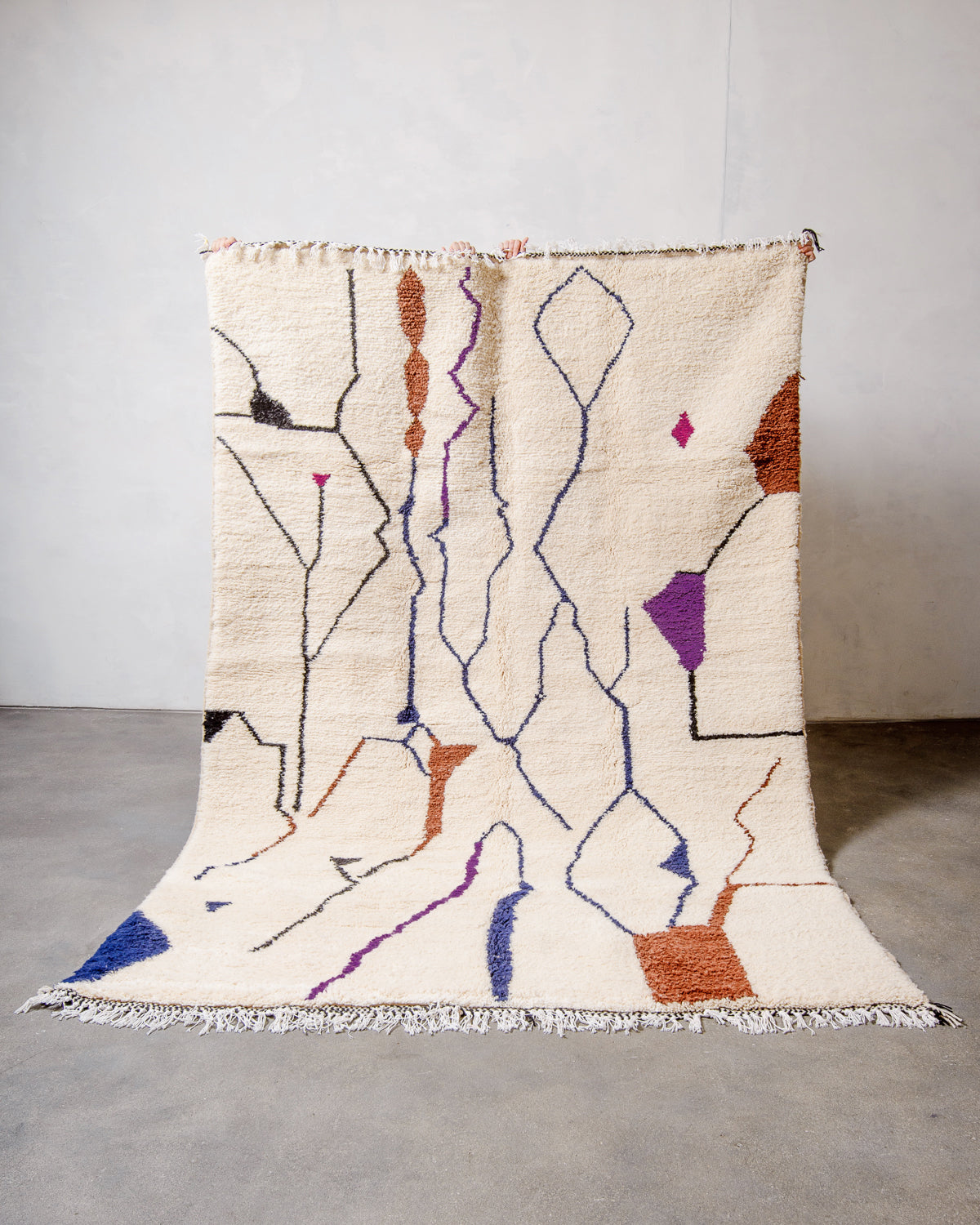 Modern, designer, handcrafted Berber rug from Morocco. Beniourain carpet with beautiful colours and patterns and fluffy wool texture.