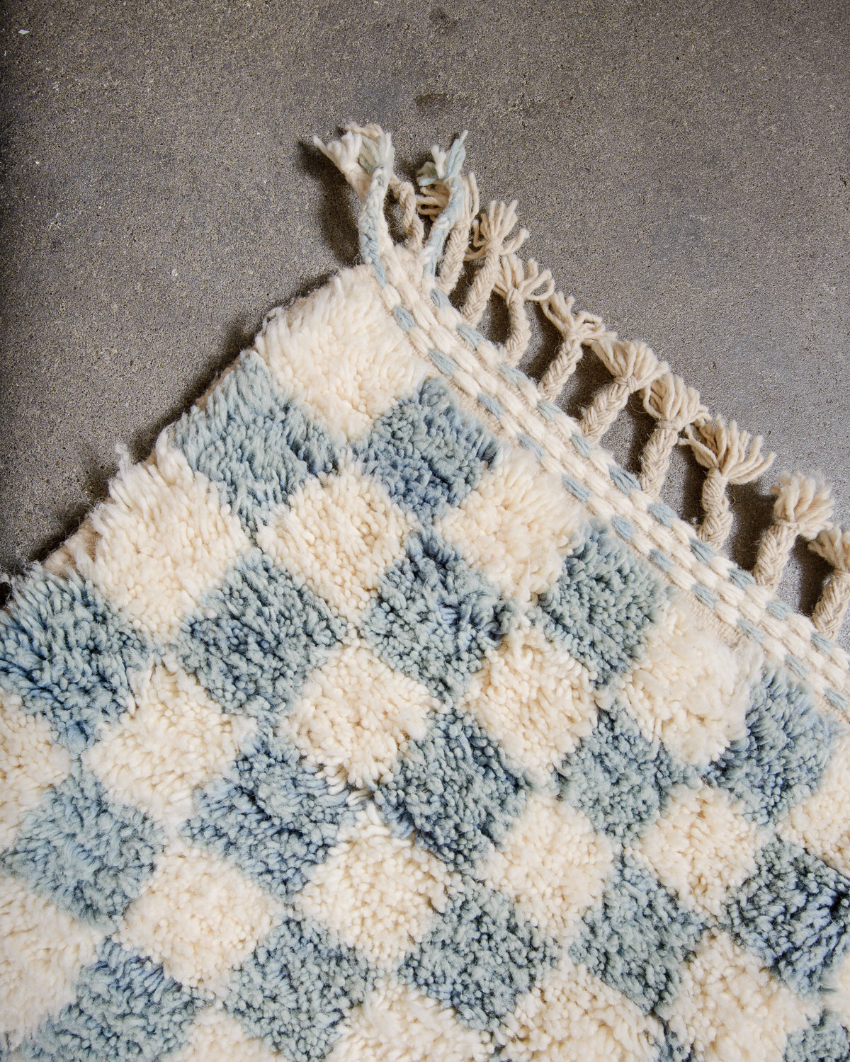 Modern, designer, handcrafted Berber rug from Morocco. Beniourain carpet with beautiful colours and patterns and fluffy wool texture.