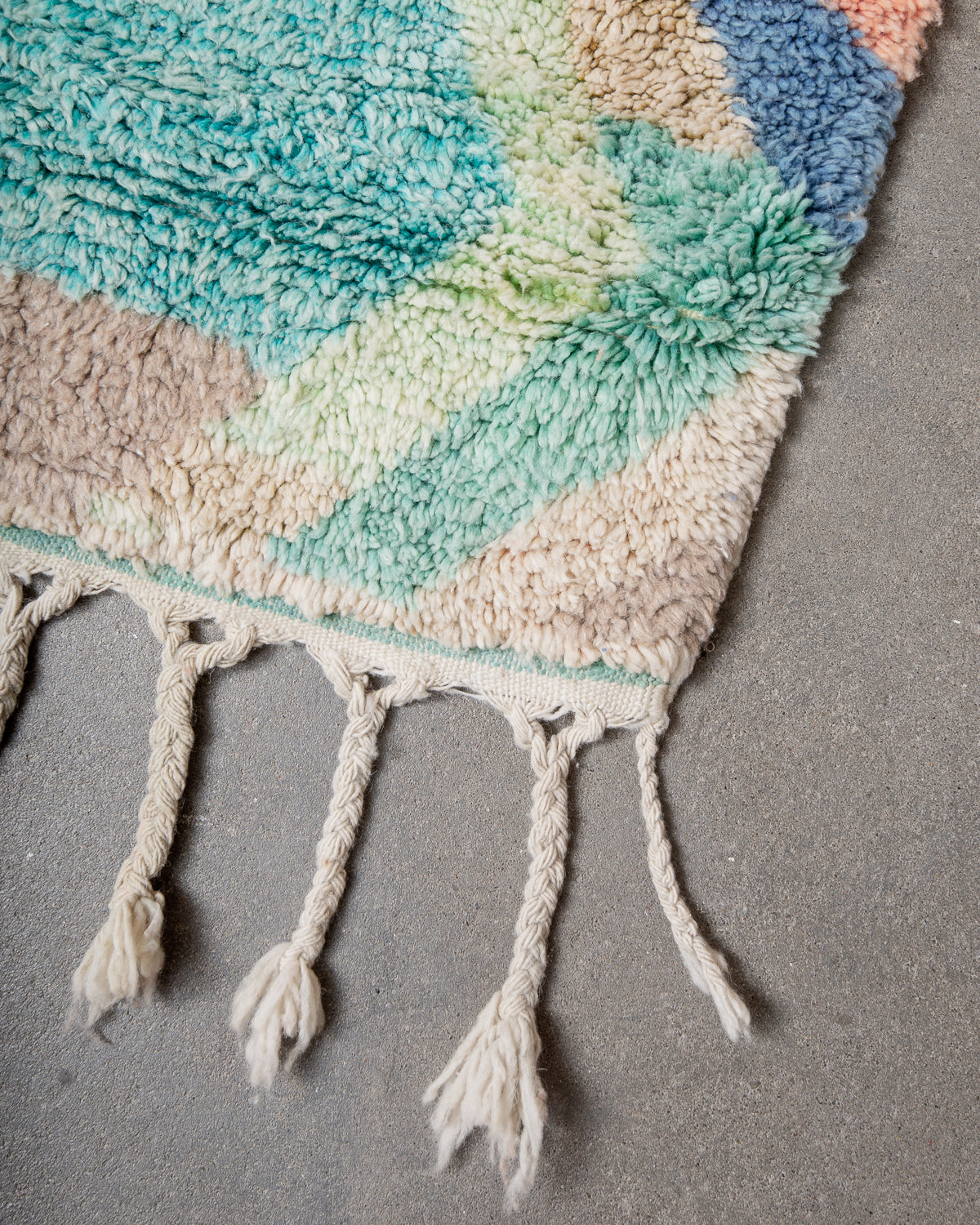 Modern, designer, handcrafted Berber runner rug from Morocco. Vintage carpet with beautiful colours and patterns and fluffy texture.