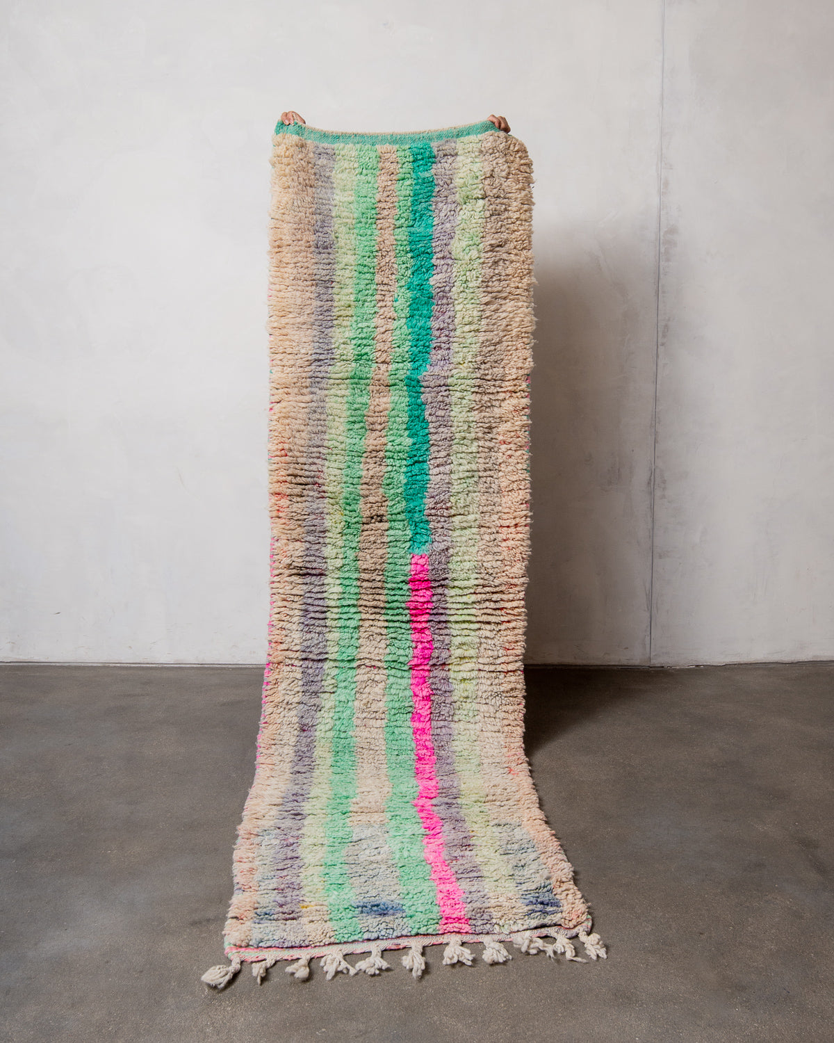 Modern, designer, handcrafted Berber runner rug from Morocco. Vintage carpet with beautiful colours and patterns and fluffy texture.