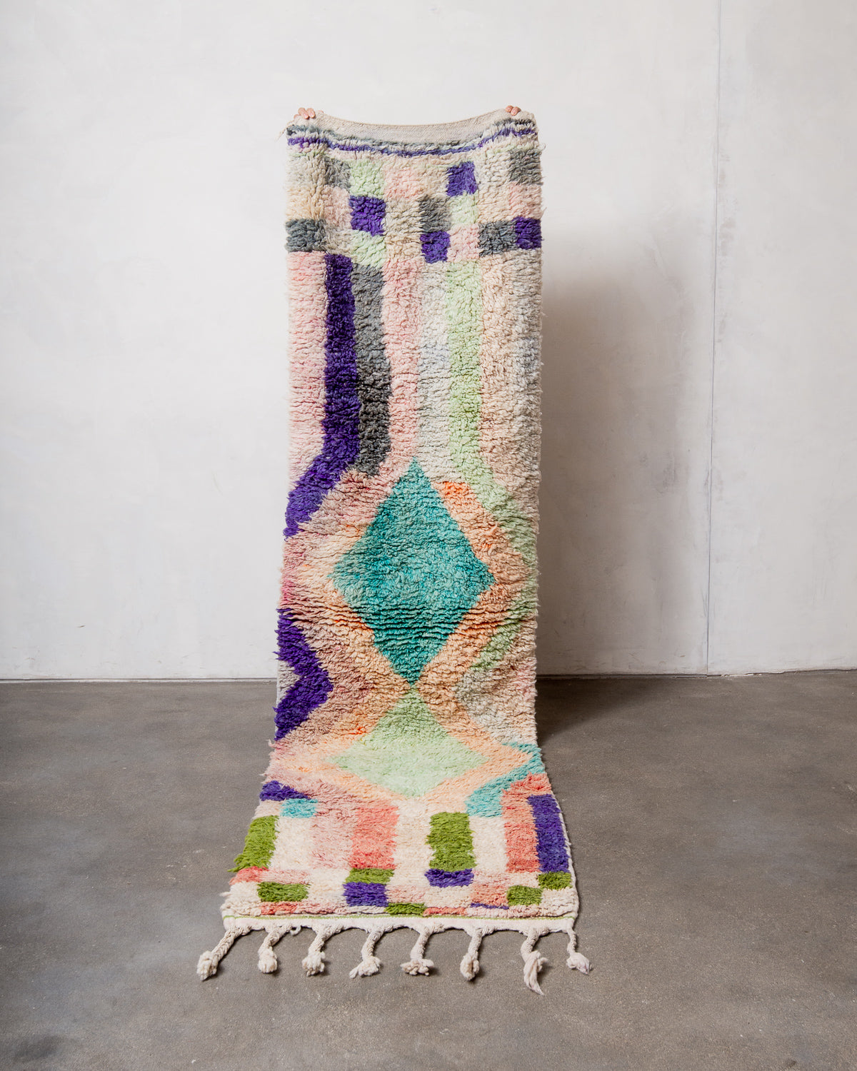 Modern, designer, handcrafted Berber runner rug from Morocco. Vintage carpet with beautiful colours and patterns and fluffy texture.