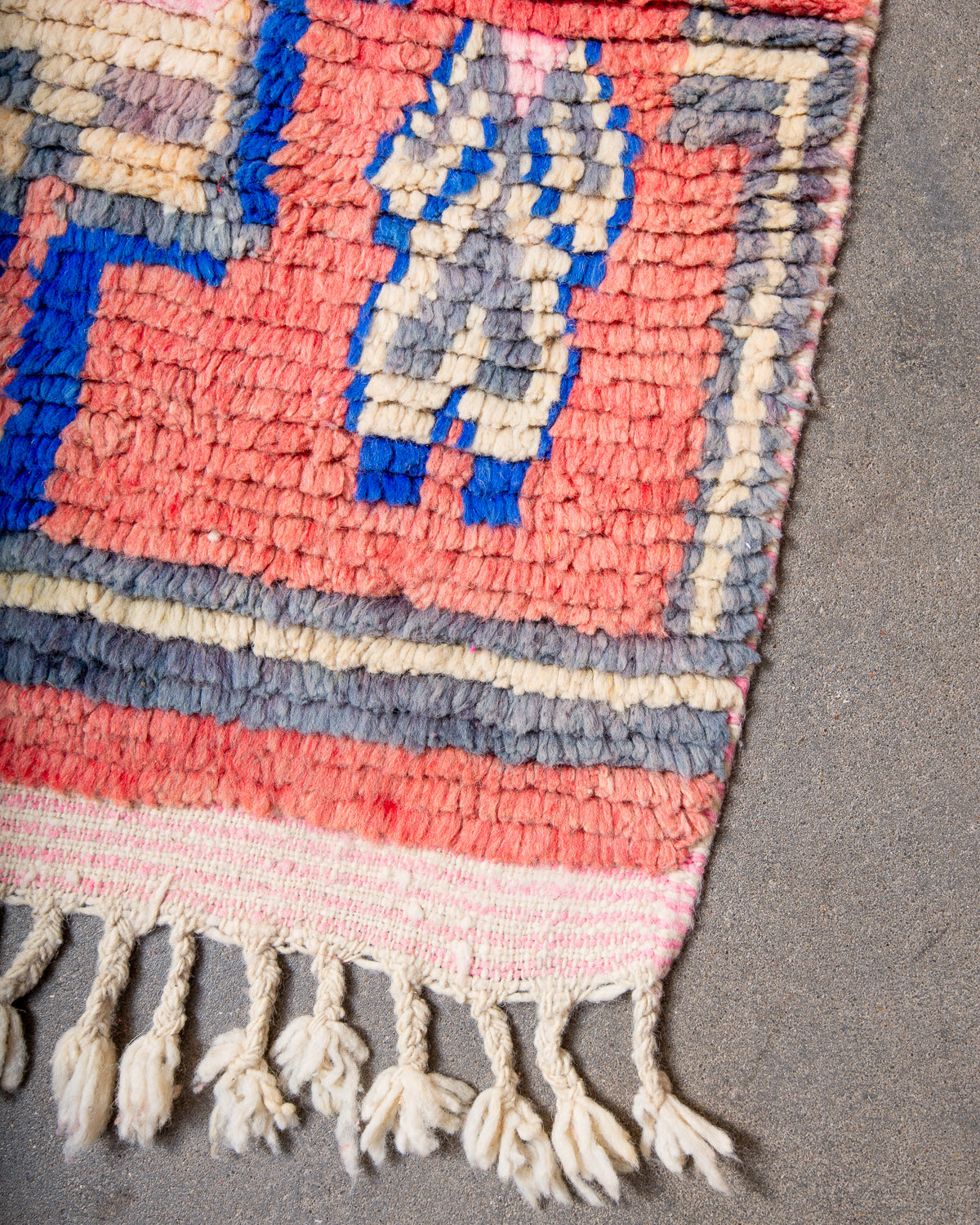 Modern, designer, handcrafted Berber runner rug from Morocco. Vintage carpet with beautiful colours and patterns and fluffy texture.