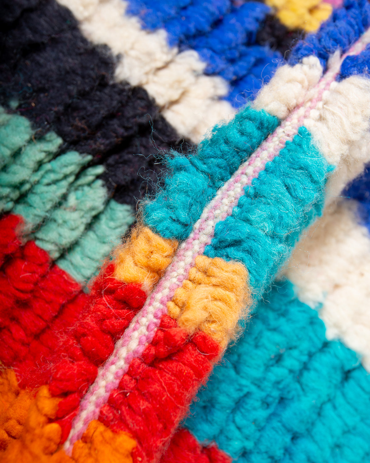 Modern, designer, handcrafted Berber runner rug from Morocco. Vintage carpet with beautiful colours and patterns and fluffy texture.