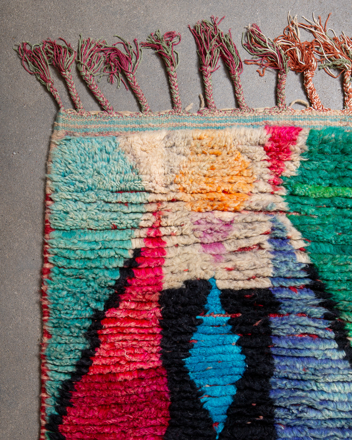 Modern, designer, handcrafted Berber runner rug from Morocco. Vintage carpet with beautiful colours and patterns and fluffy texture.