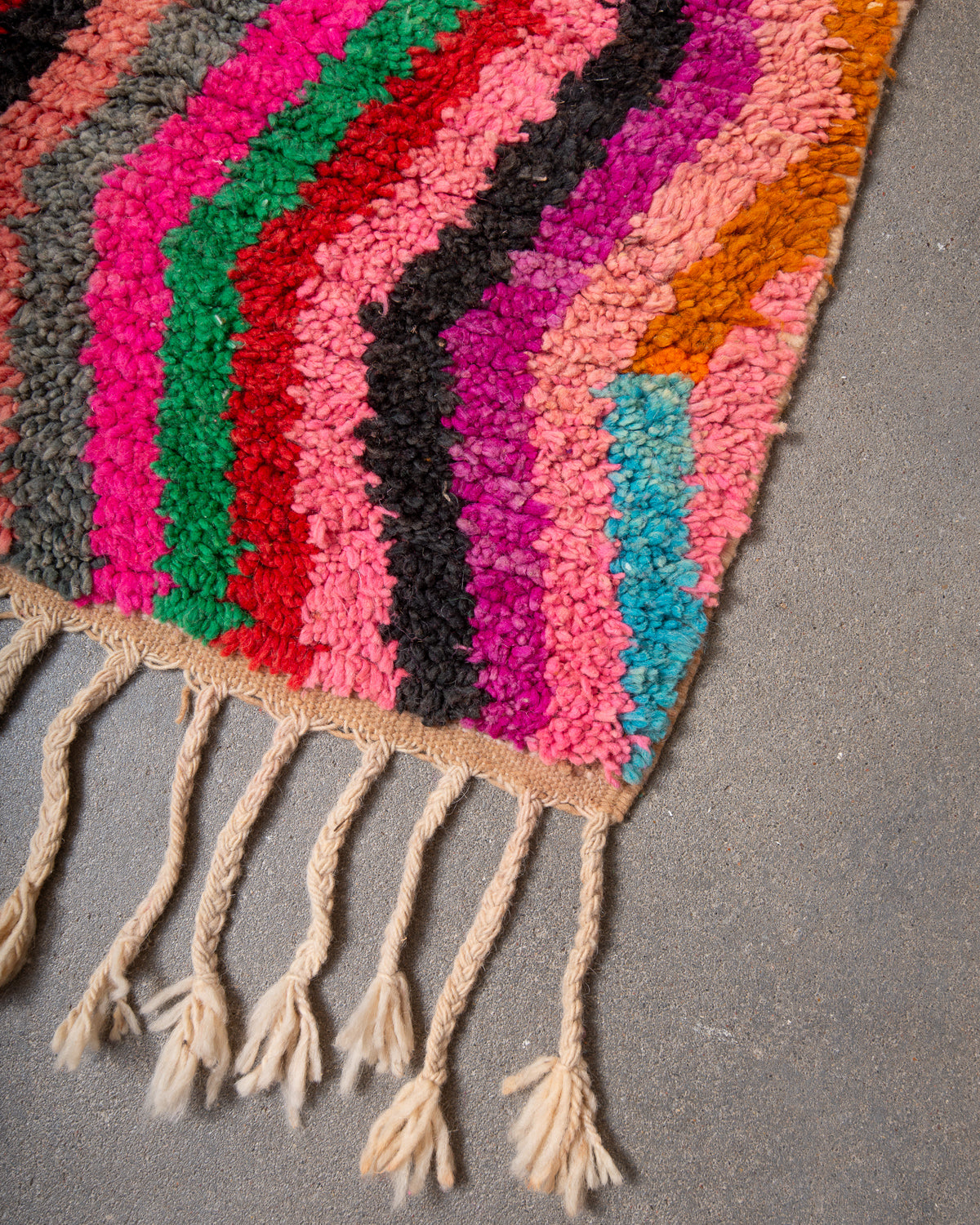 Modern, designer, handcrafted Berber runner rug from Morocco. Vintage carpet with beautiful colours and patterns and fluffy texture.