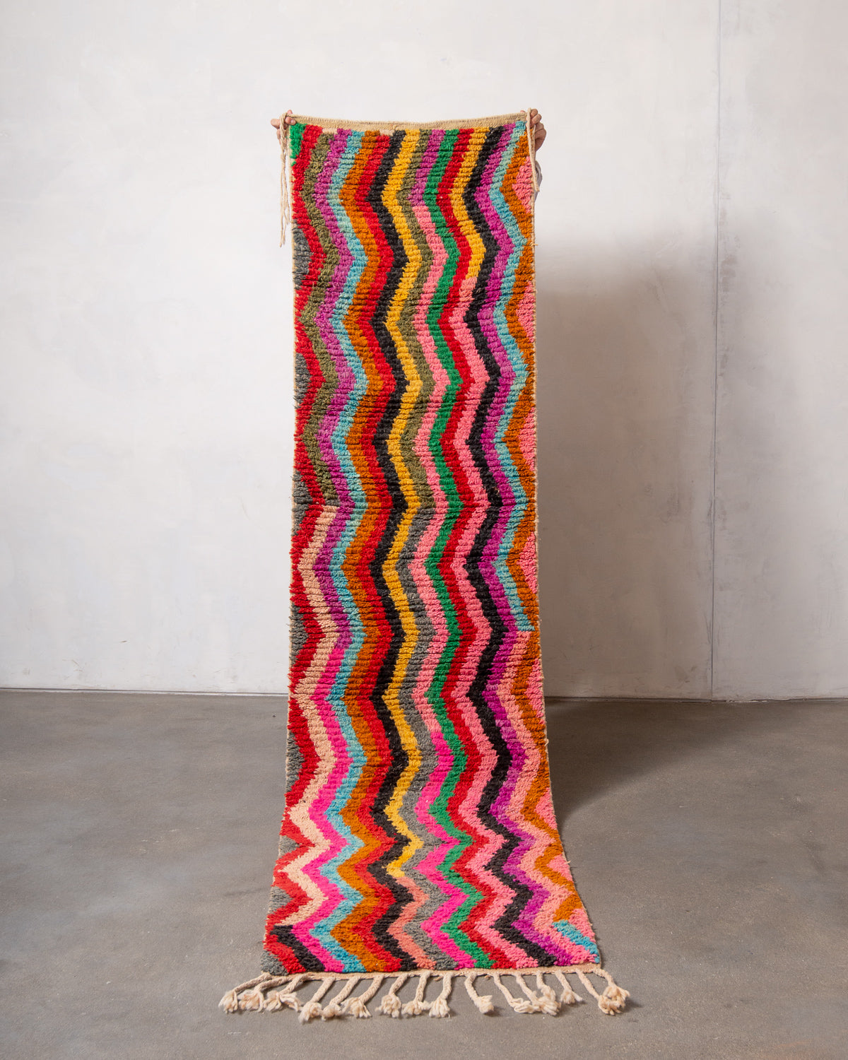 Modern, designer, handcrafted Berber runner rug from Morocco. Vintage carpet with beautiful colours and patterns and fluffy texture.