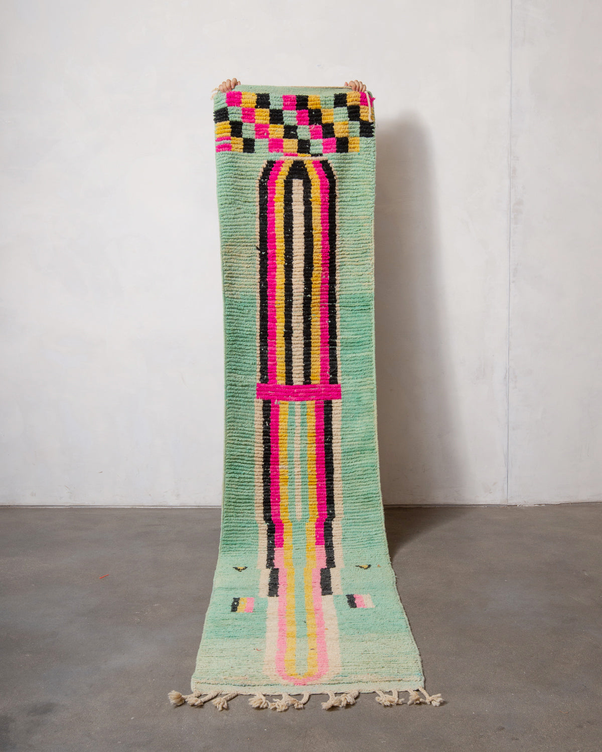 Modern, designer, handcrafted Berber runner rug from Morocco. Vintage carpet with beautiful colours and patterns and fluffy texture.