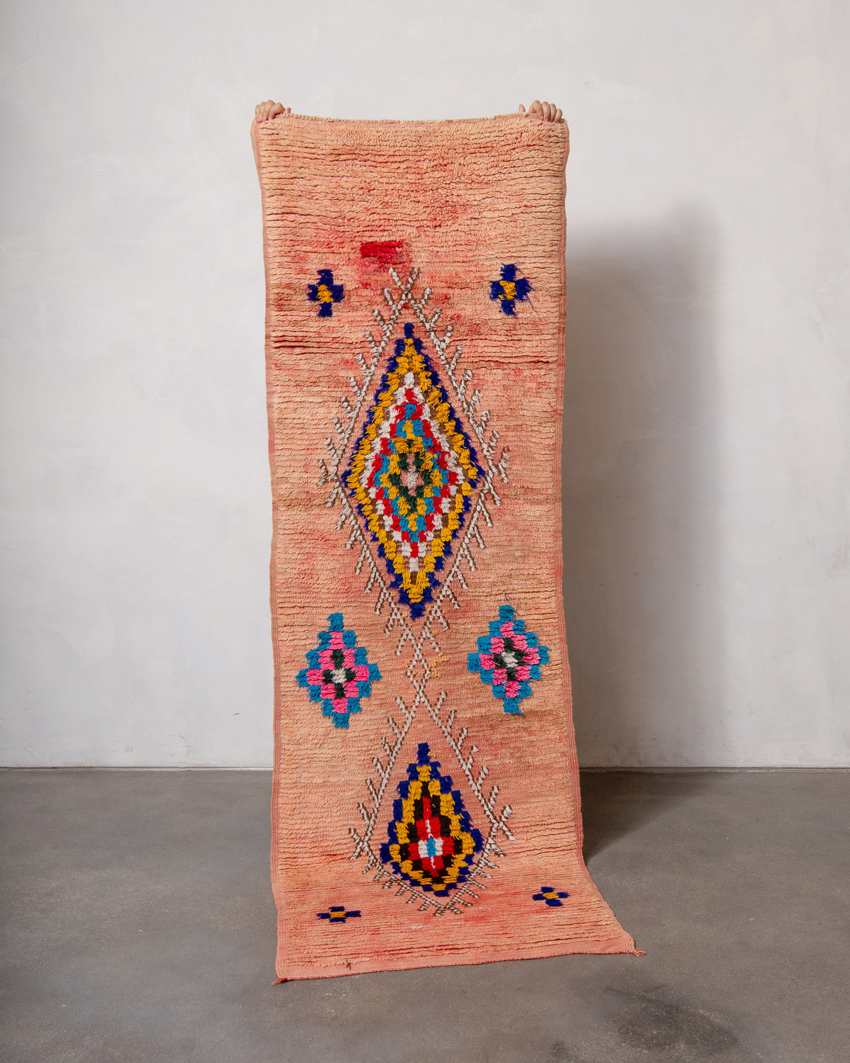 Modern, designer, handcrafted Berber runner rug from Morocco. Vintage carpet with beautiful colours and patterns and fluffy texture.