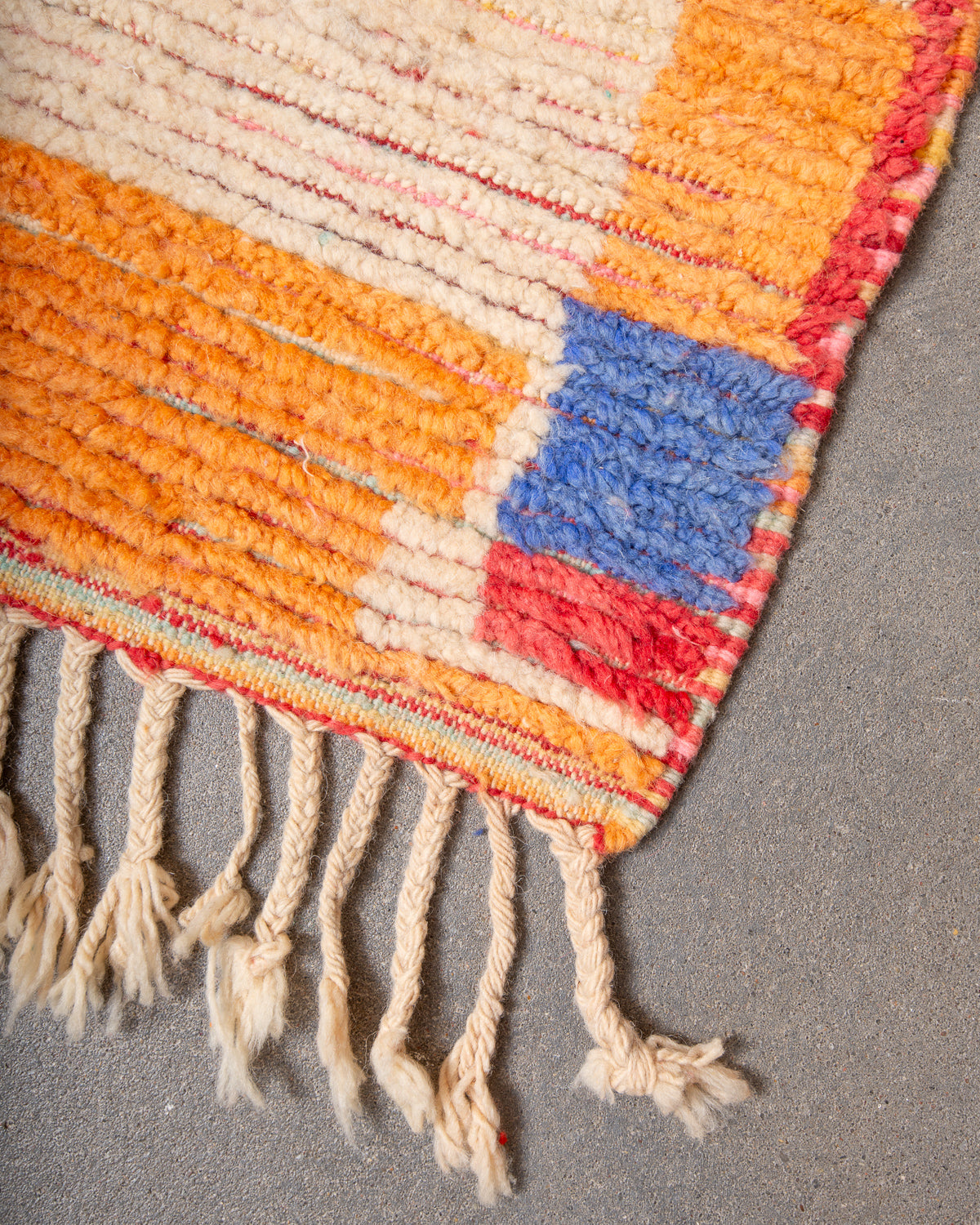 Modern, designer, handcrafted Berber runner rug from Morocco. Vintage carpet with beautiful colours and patterns and fluffy texture.