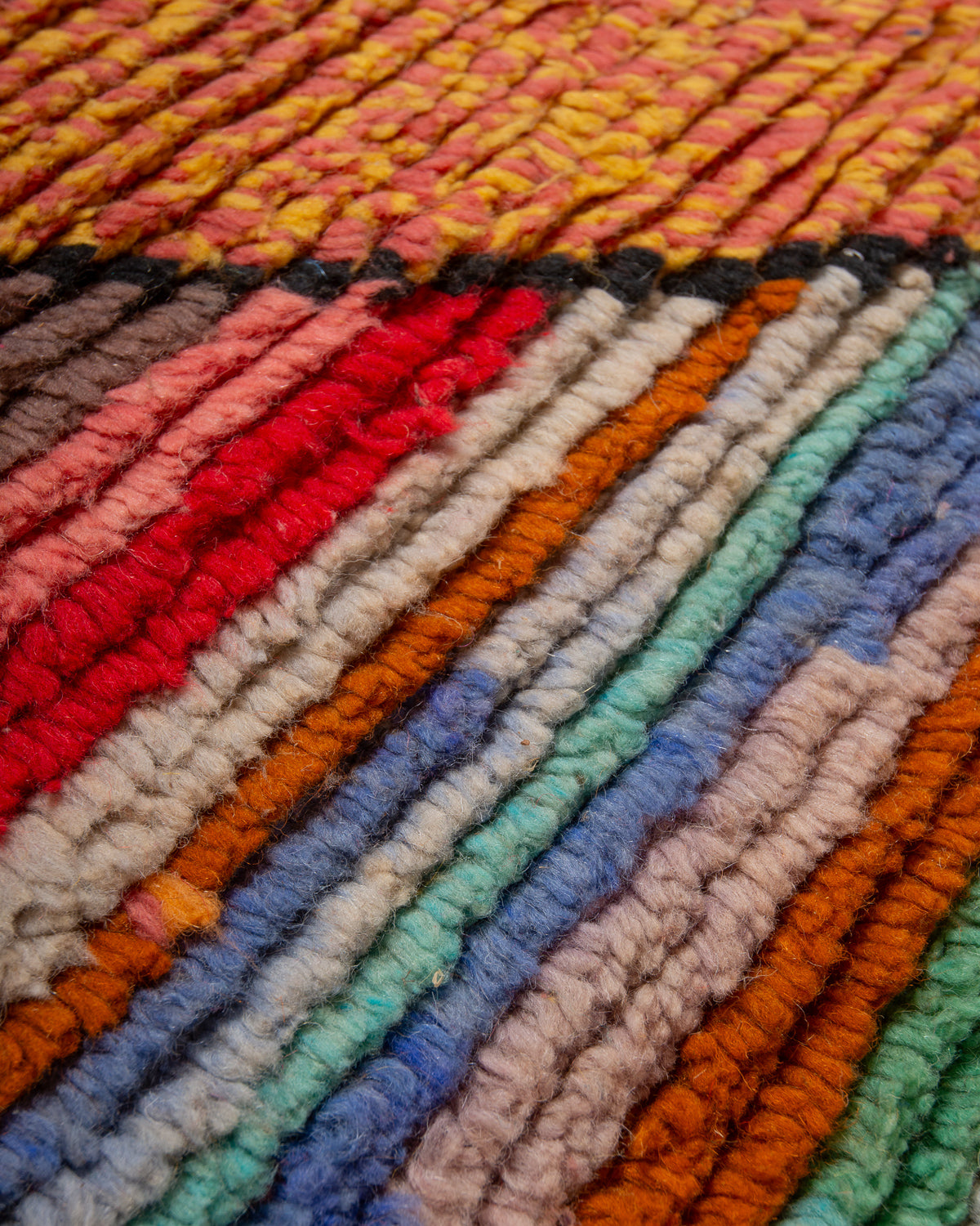 Modern, designer, handcrafted Berber runner rug from Morocco. Vintage carpet with beautiful colours and patterns and fluffy texture.