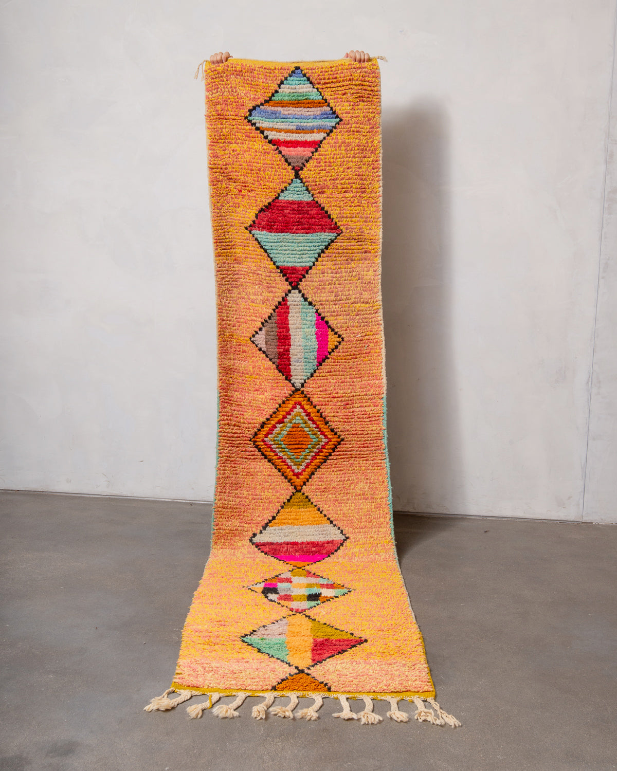 Modern, designer, handcrafted Berber runner rug from Morocco. Vintage carpet with beautiful colours and patterns and fluffy texture.