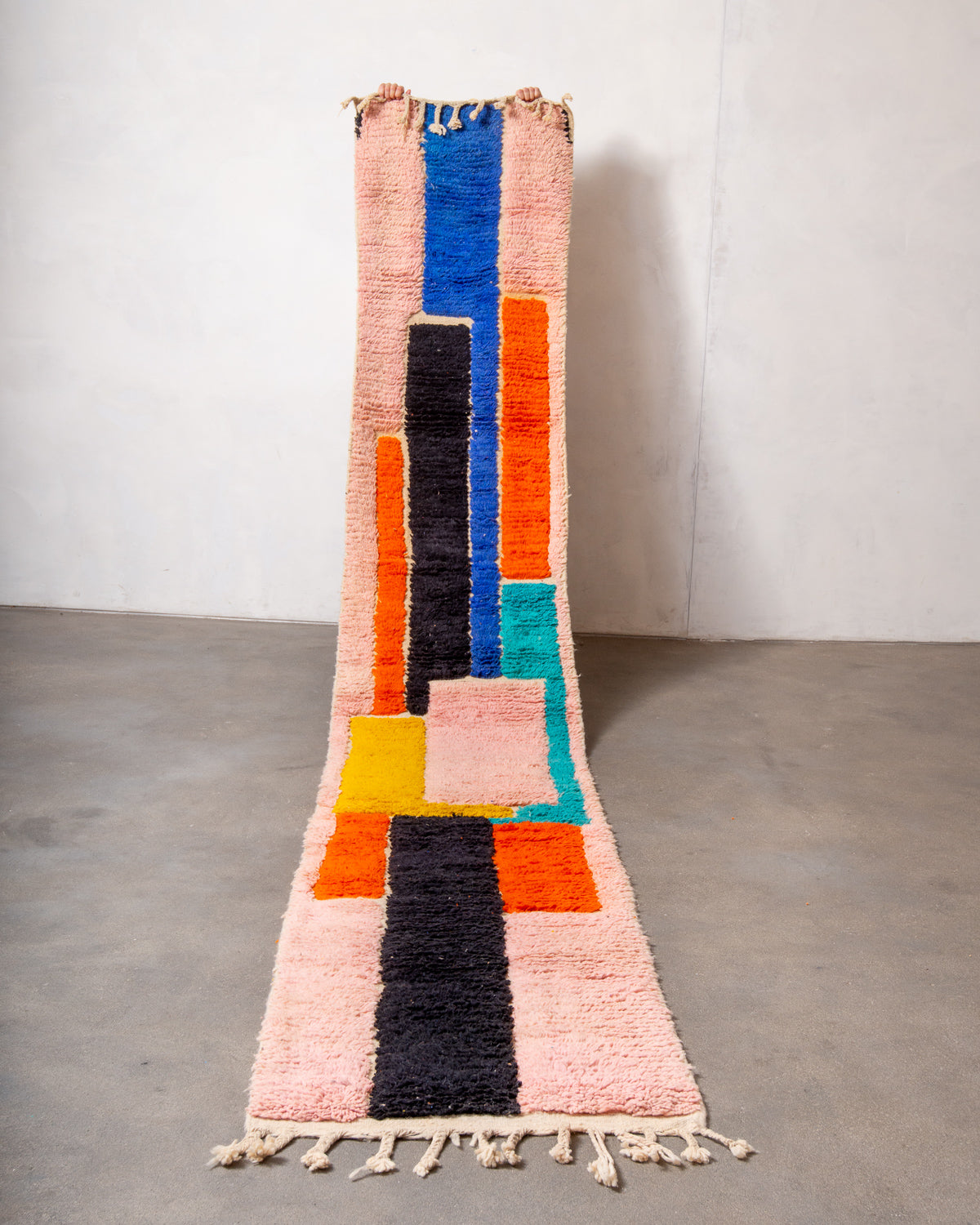 Modern, designer, handcrafted Berber runner rug from Morocco. Vintage carpet with beautiful colours and patterns and fluffy texture.