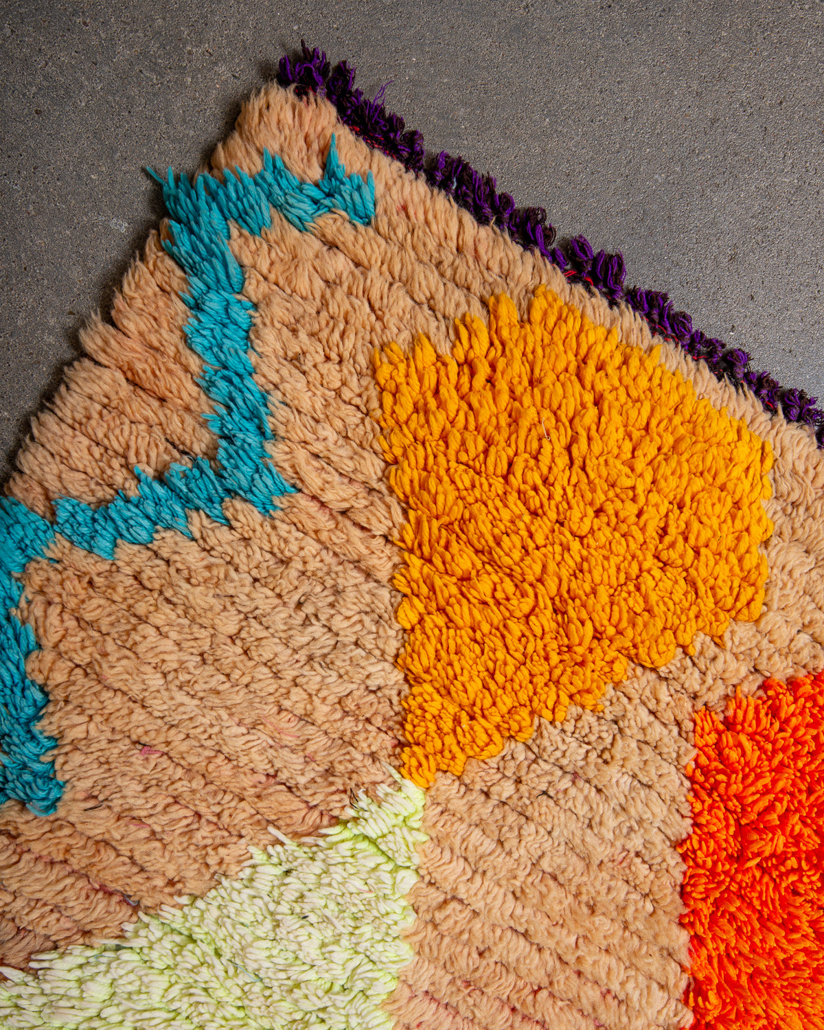 Modern, designer, handcrafted Berber runner rug from Morocco. Vintage carpet with beautiful colours and patterns and fluffy texture.