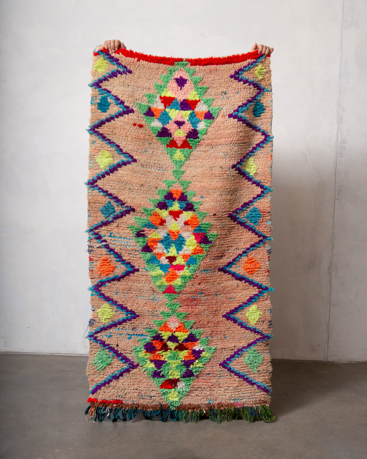 Modern, designer, handcrafted Berber runner rug from Morocco. Vintage carpet with beautiful colours and patterns and fluffy texture.