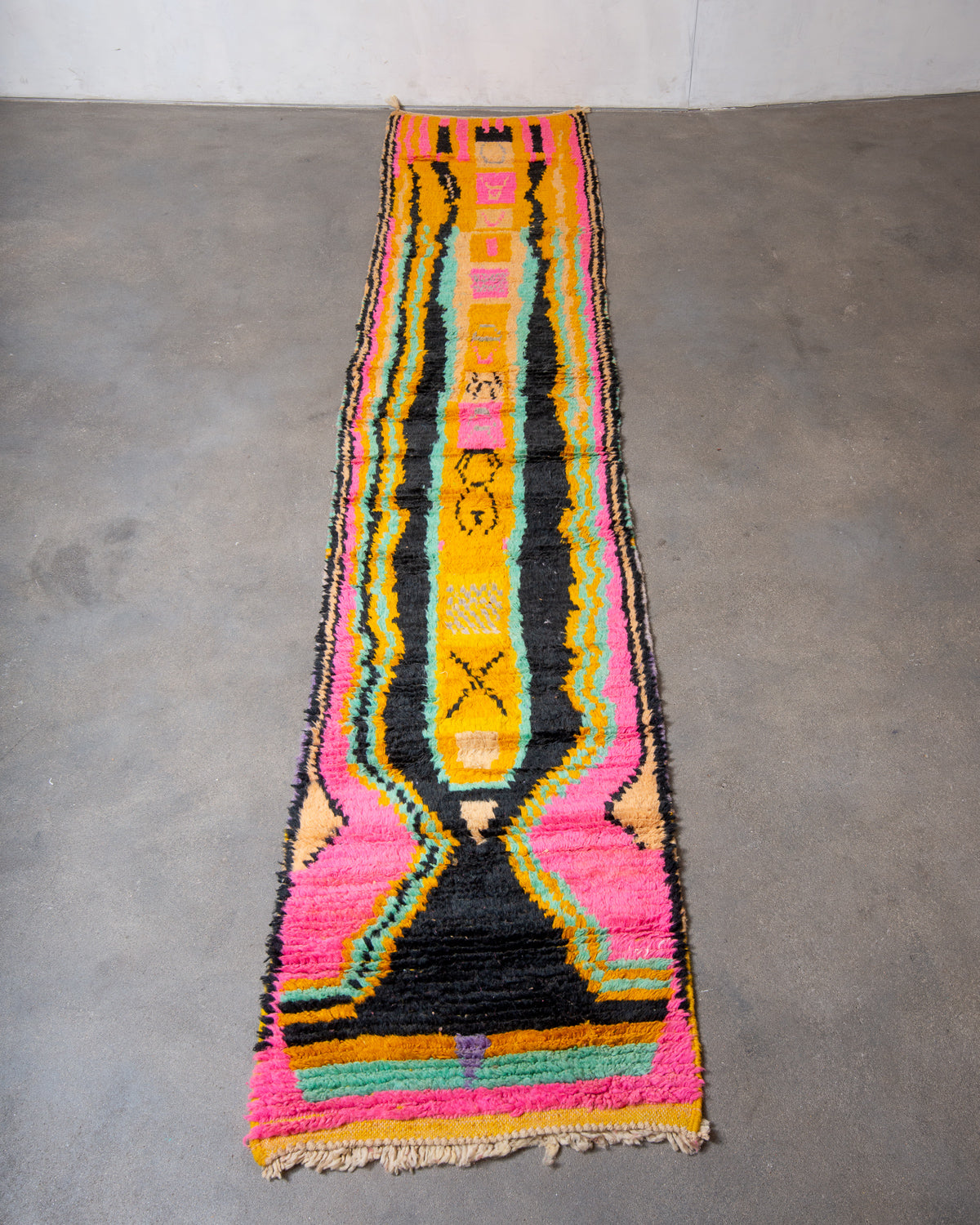 Modern, designer, handcrafted Berber runner rug from Morocco. Vintage carpet with beautiful colours and patterns and fluffy texture.