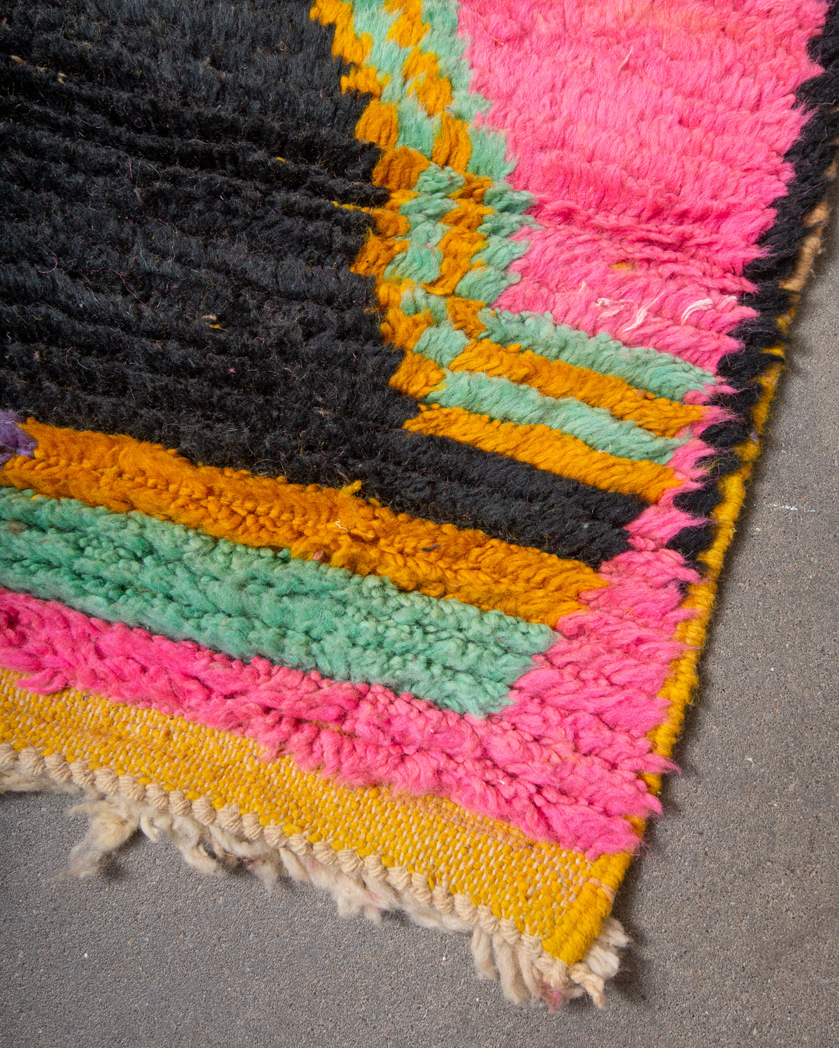 Modern, designer, handcrafted Berber runner rug from Morocco. Vintage carpet with beautiful colours and patterns and fluffy texture.