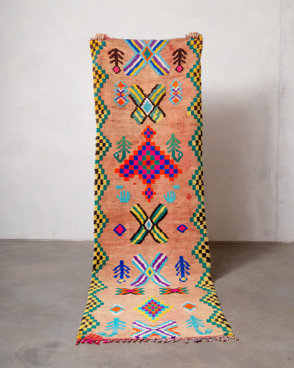 Modern, designer, handcrafted Berber runner rug from Morocco. Vintage carpet with beautiful colours and patterns and fluffy texture.