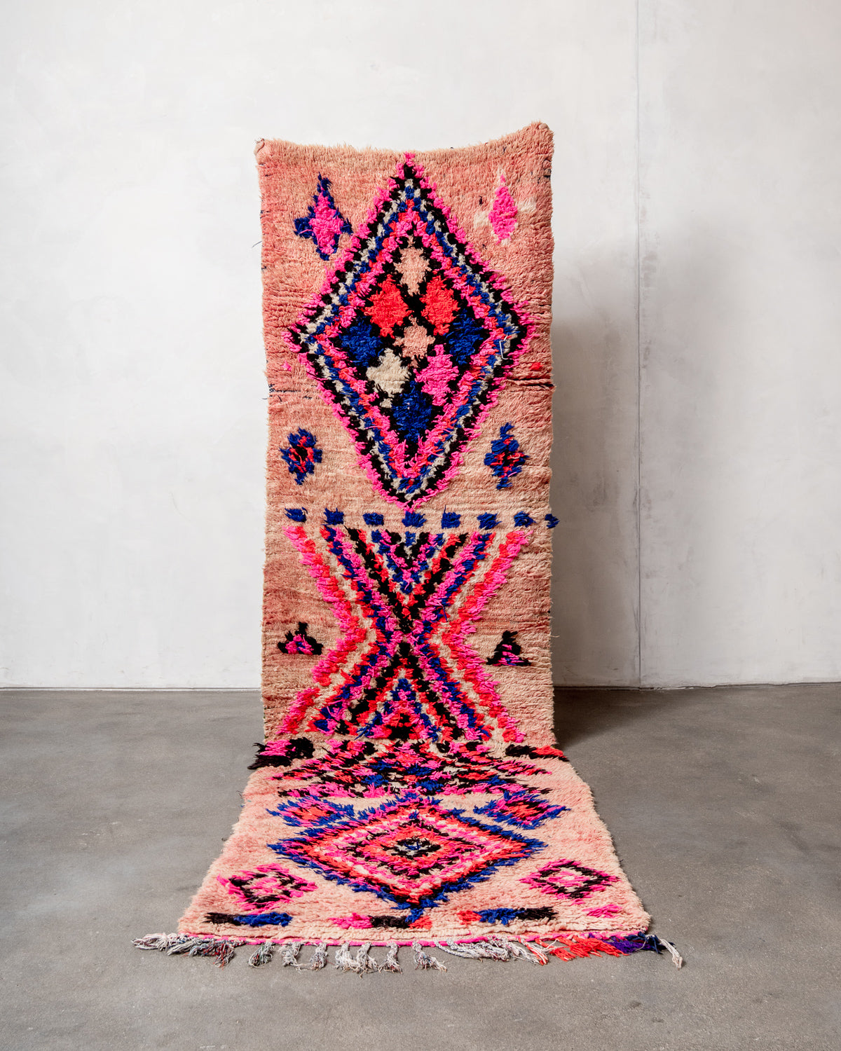 Modern, designer, handcrafted Berber runner rug from Morocco. Vintage carpet with beautiful colours and patterns and fluffy texture.