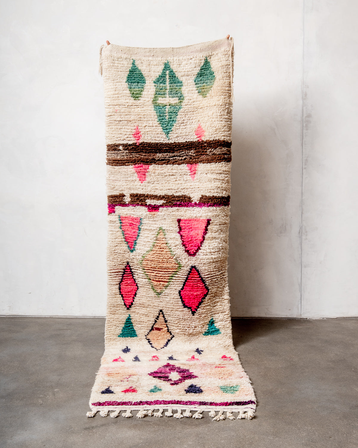 Modern, designer, handcrafted Berber runner rug from Morocco. Vintage carpet with beautiful colours and patterns and fluffy texture.