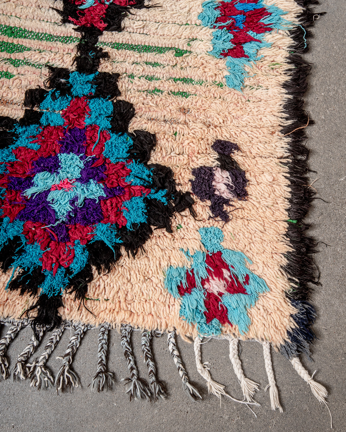 Modern designer vintage handcrafted Berber rug from Morocco. Boucherouite runner rug with beautiful colors and patterns.