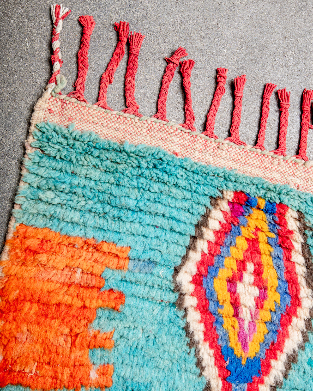 Modern, designer, handcrafted Berber runner rug from Morocco. Vintage carpet with beautiful colours and patterns and fluffy texture.