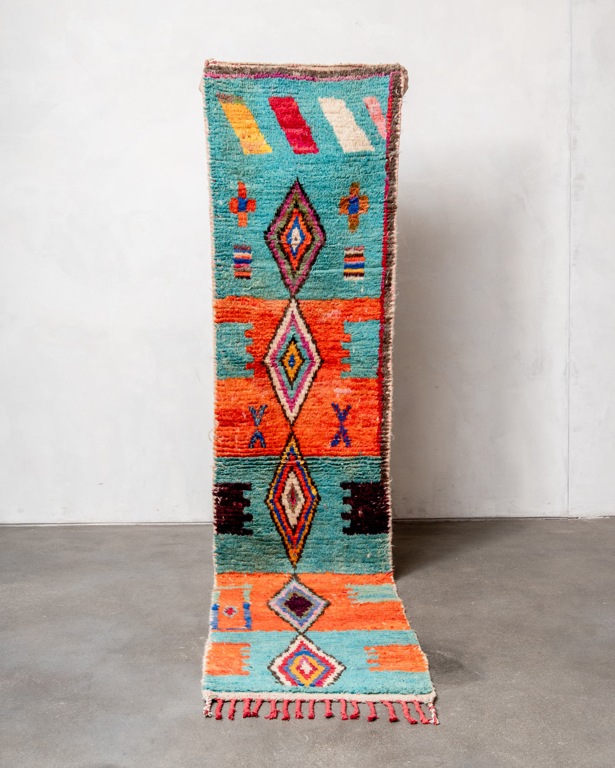 Modern, designer, handcrafted Berber runner rug from Morocco. Vintage carpet with beautiful colours and patterns and fluffy texture.
