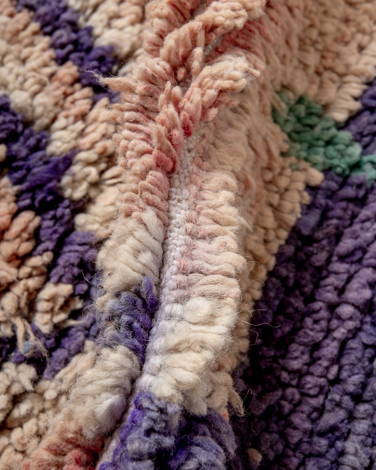 Modern, designer, handcrafted Berber rug from Morocco. Vintage carpet with beautiful colours and patterns and fluffy texture.