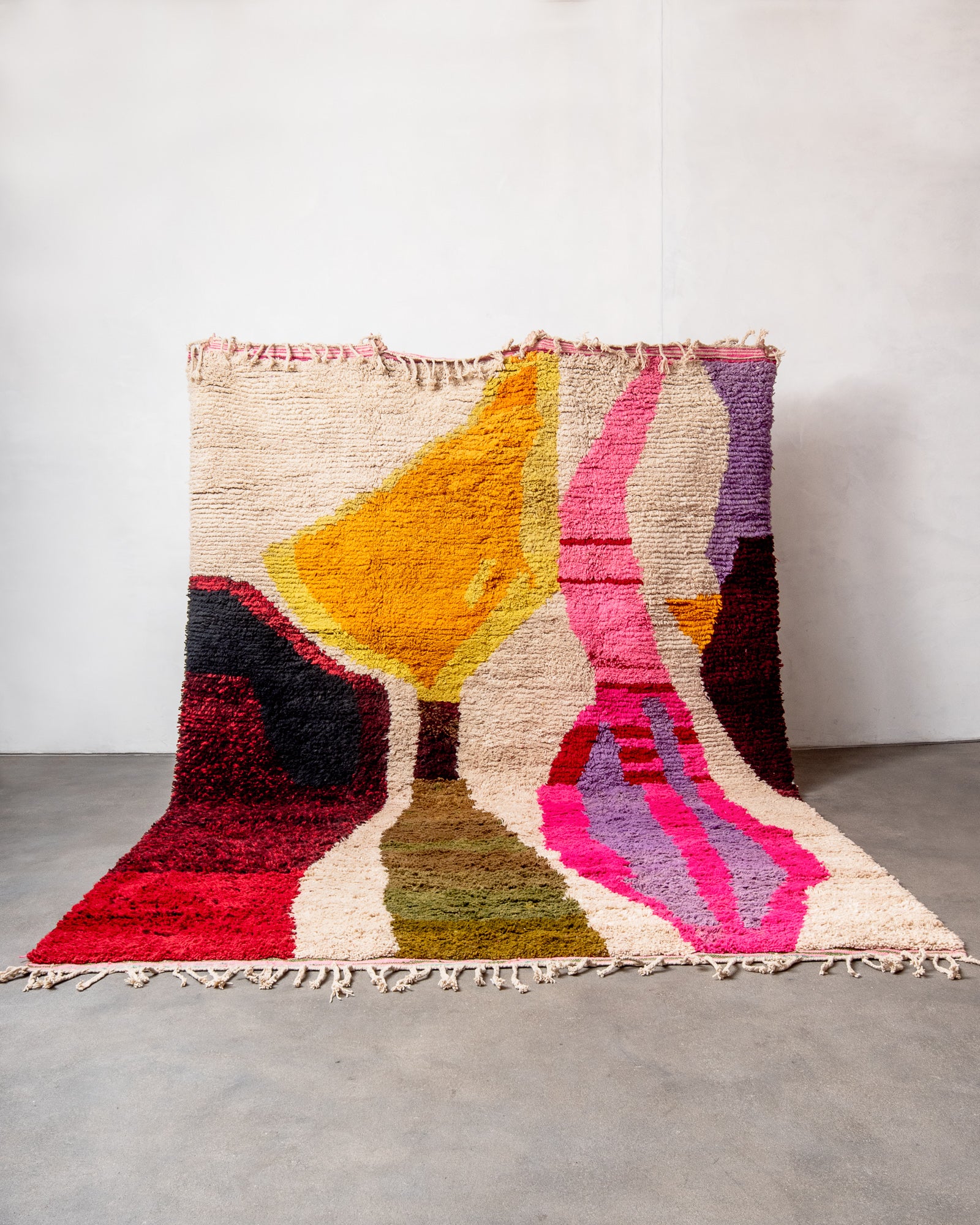 Modern, designer, handcrafted Berber rug from Morocco. Vintage carpet with beautiful colours and patterns and fluffy texture.