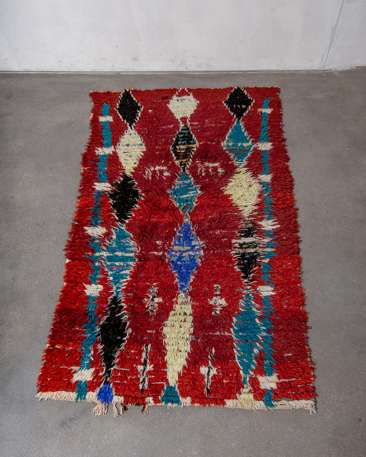 Modern, designer, handcrafted Berber rug from Morocco. Vintage carpet with beautiful colours and patterns and fluffy texture.
