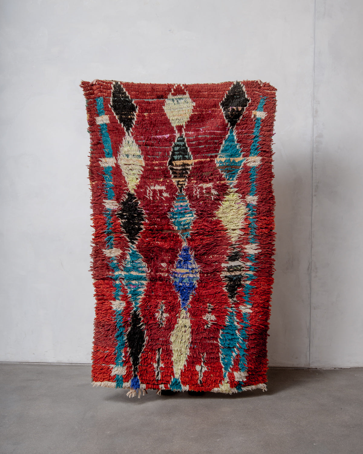 Modern, designer, handcrafted Berber rug from Morocco. Vintage carpet with beautiful colours and patterns and fluffy texture.