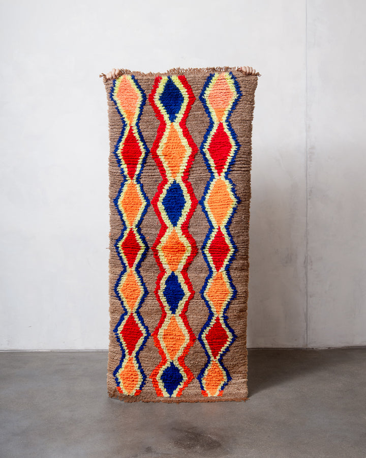 Modern, designer, handcrafted Berber runner rug from Morocco. Vintage carpet with beautiful colours and patterns and fluffy texture