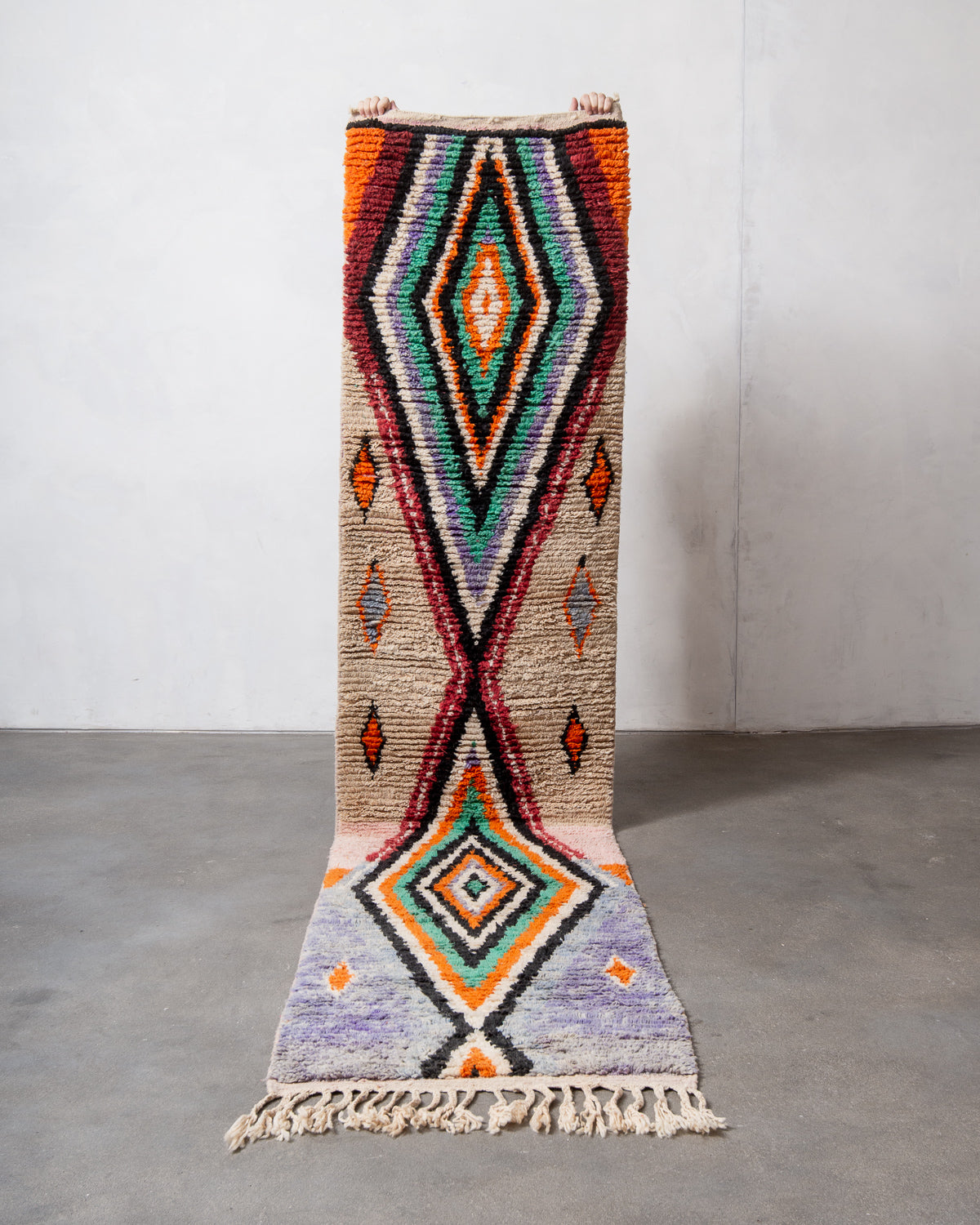 Modern, designer, handcrafted Berber runner rug from Morocco. Vintage carpet with beautiful colours and patterns and fluffy texture
