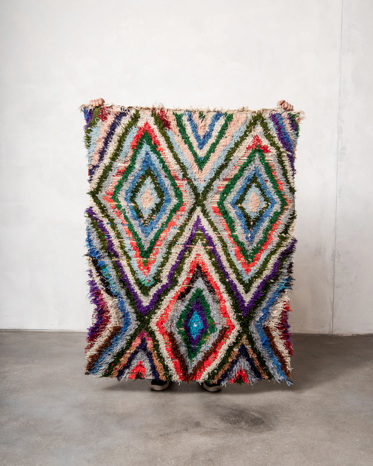 Modern, designer, handcrafted Berber rug from Morocco. Vintage carpet with beautiful colours and patterns and fluffy texture.